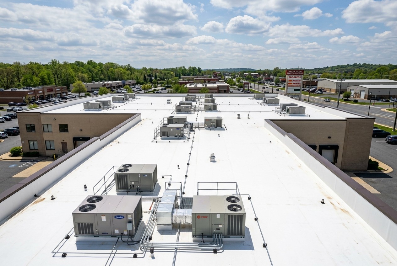 Finished commercial low-slope roof with white reflective membrane and HVAC curb flashing