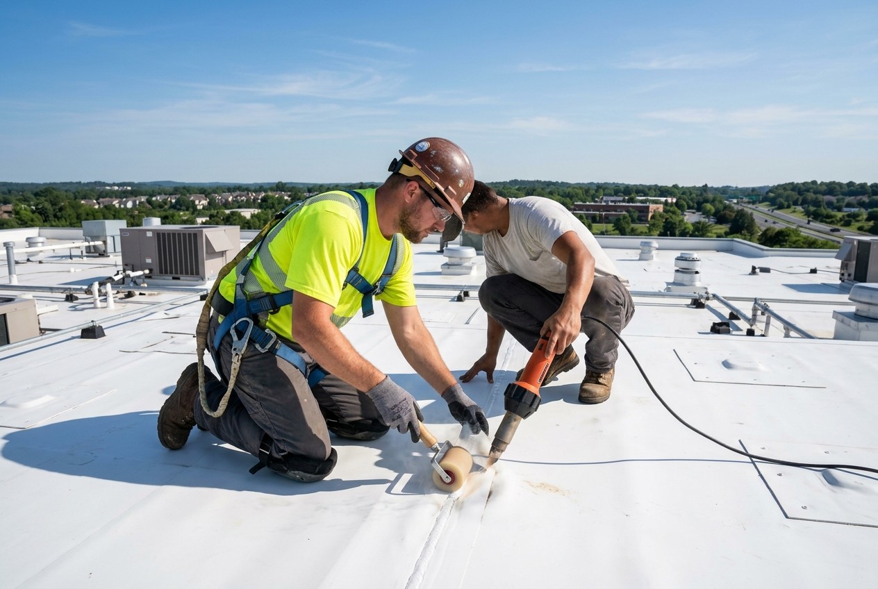 Commercial white TPO flat roof installation in Maryland