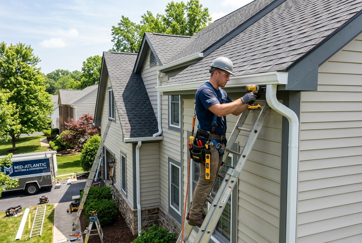 Seamless aluminum gutter and downspout installation on Maryland home
