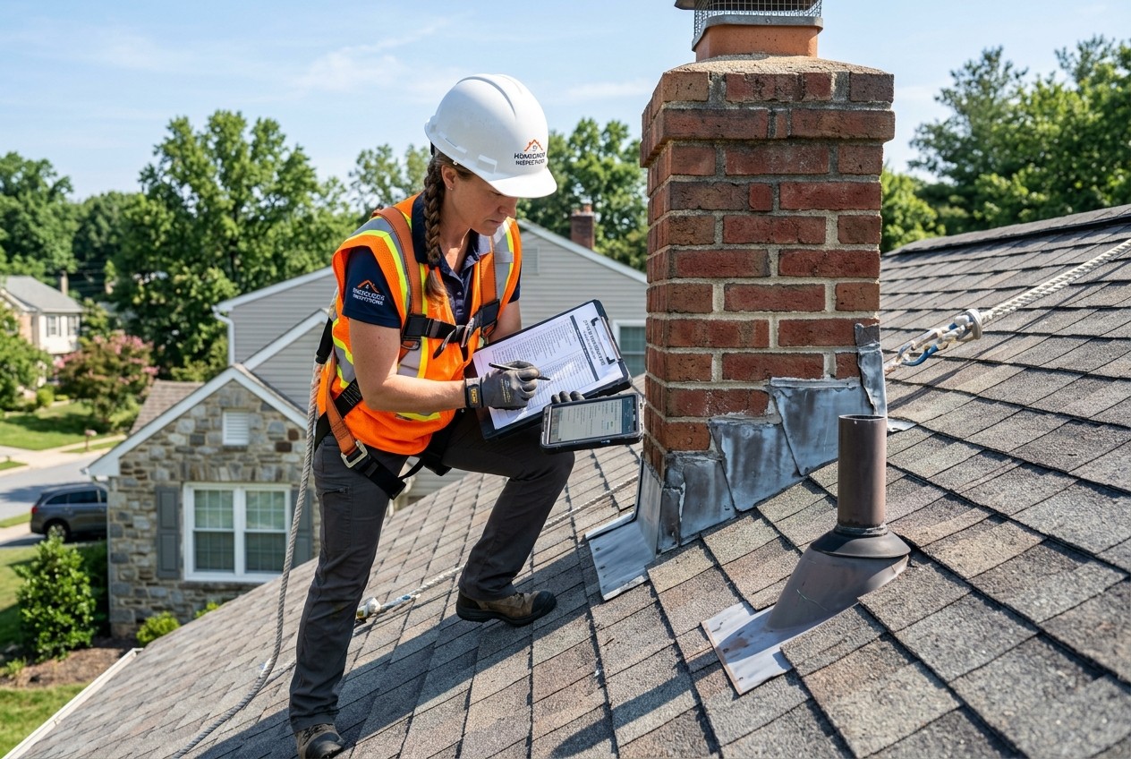 Certified inspector evaluating shingle wear and roof valley condition on a Maryland home