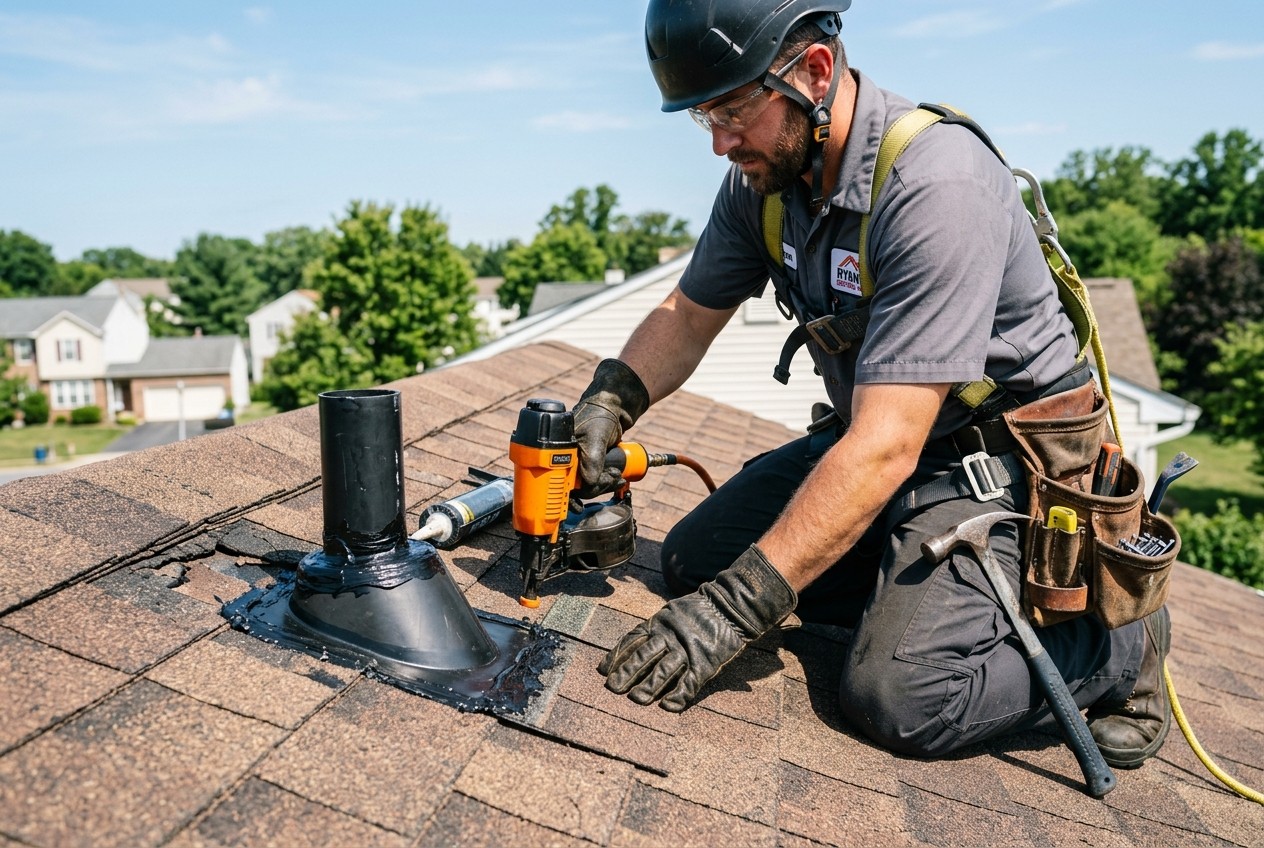 Pipe boot flashing and leak repair on residential roof in Maryland